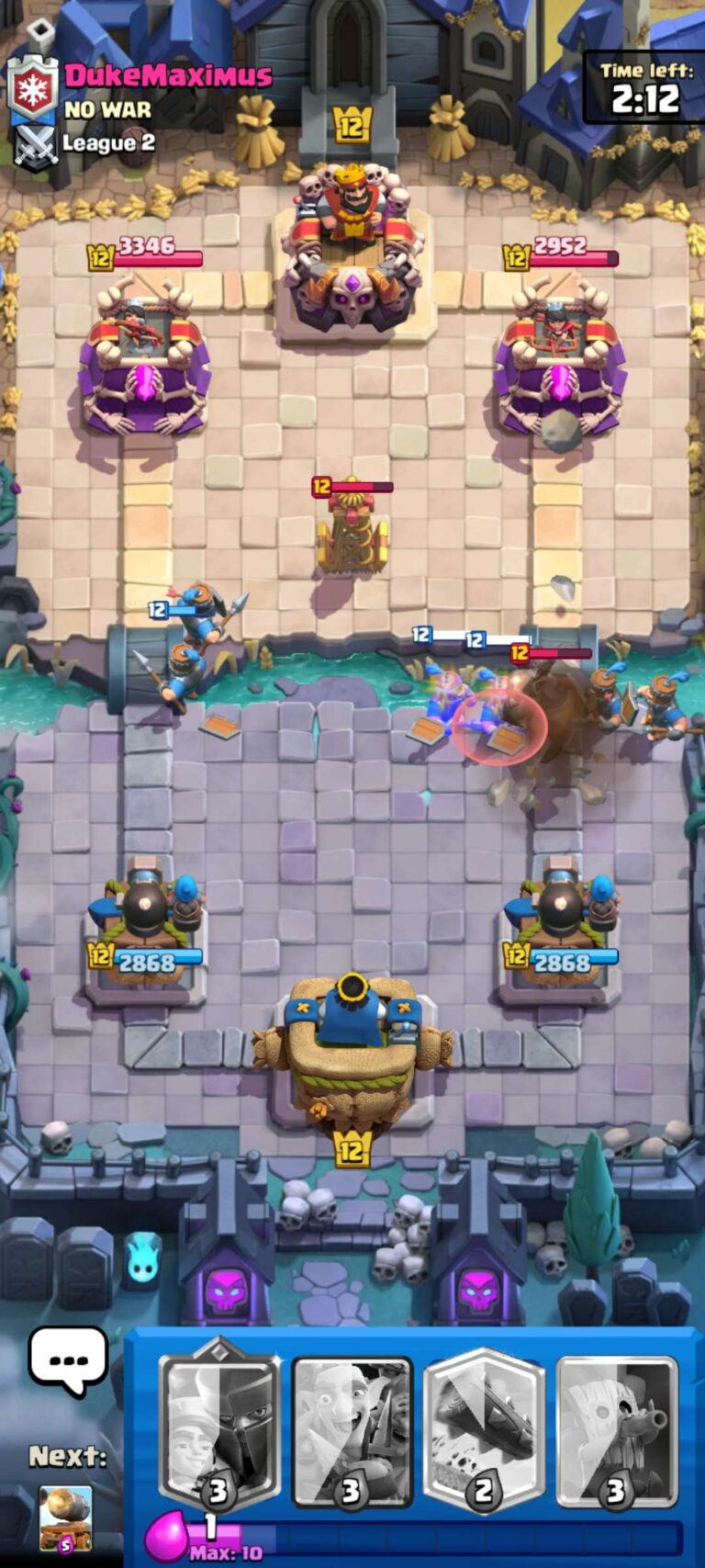 An in game battle. There are units on both sides of the field attacking each other.
